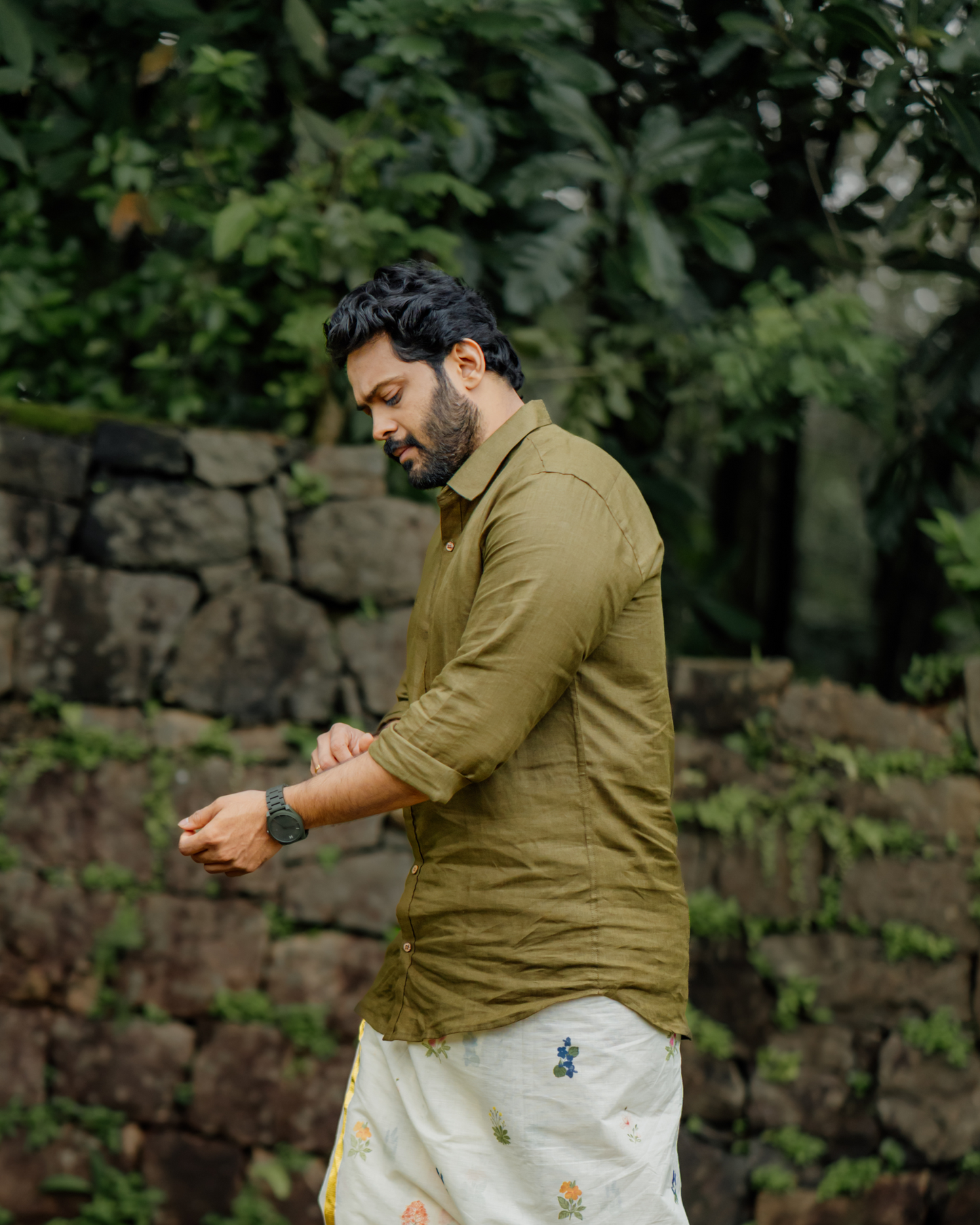 POOVILI - Printed Dothi and Linen shirt combo