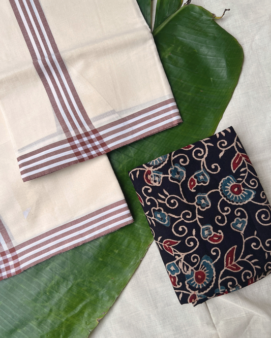 MULLOTH SETMUNDU WITH AJRAKH PRINTED BLOUSE