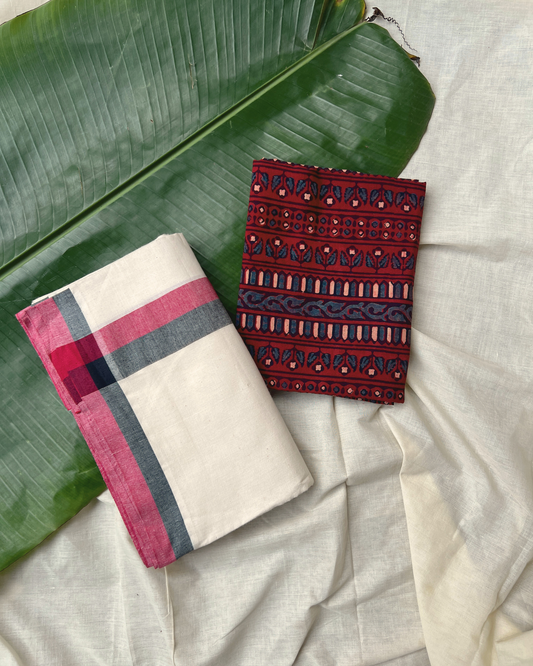 Mulloth setmundu with Ajrakh printed blouse piece