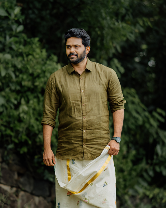 POOVILI - Printed Dothi and Linen shirt combo