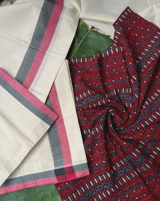 Mulloth setmundu with Ajrakh printed blouse piece