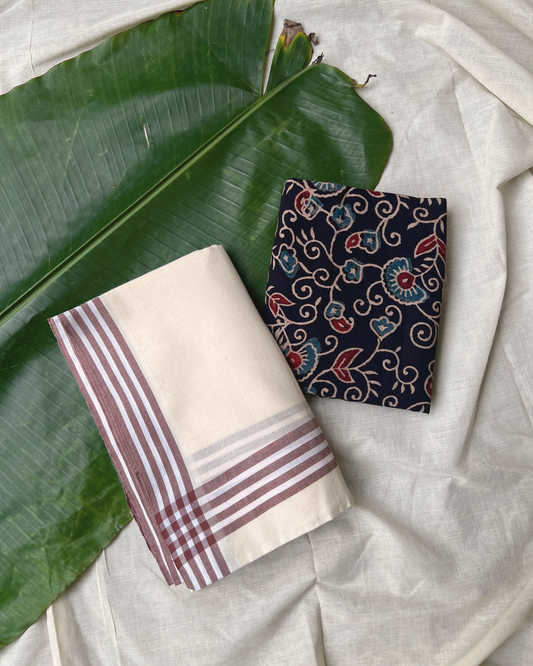 MULLOTH SETMUNDU WITH AJRAKH PRINTED BLOUSE