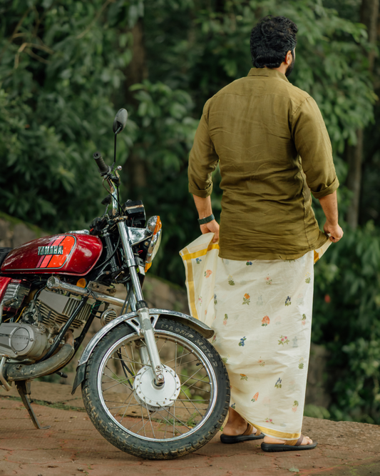Poovili - Printed Dothi and Linen shirt combo