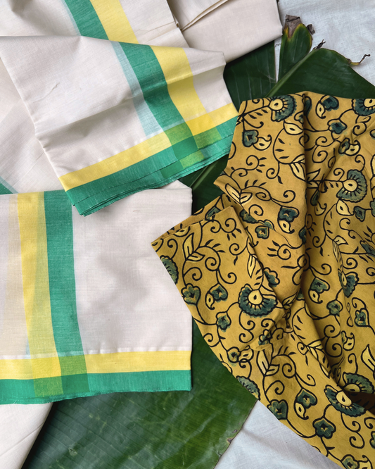 MULLOTH SETMUNDU WITH AJRAKH PRINTED BLOUSE PIECE