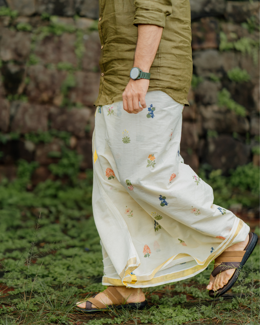 Poovili - Printed Dothi and Linen shirt combo