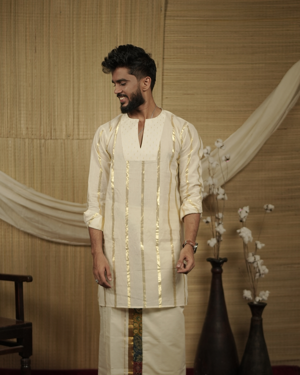 KASAVU - Midlength Kurtha with Patch worked DHOTHI combo