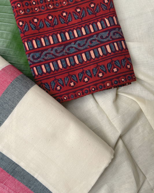 Mulloth setmundu with Ajrakh printed blouse piece
