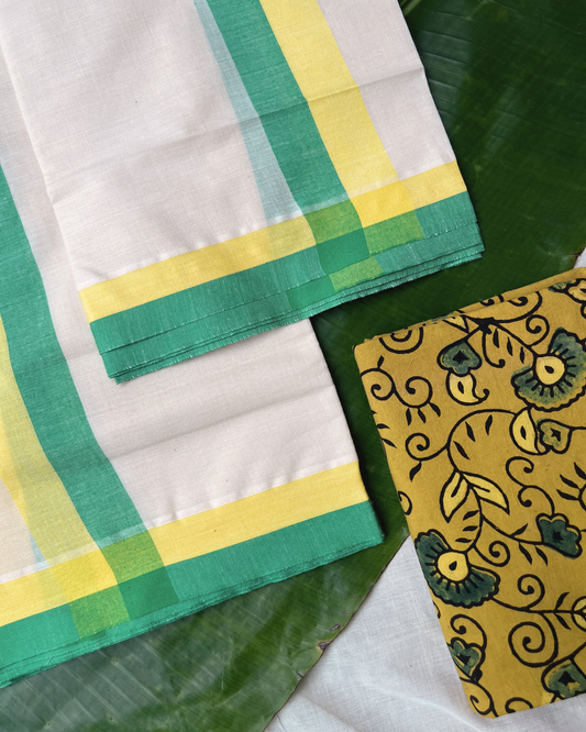 MULLOTH SETMUNDU WITH AJRAKH PRINTED BLOUSE PIECE