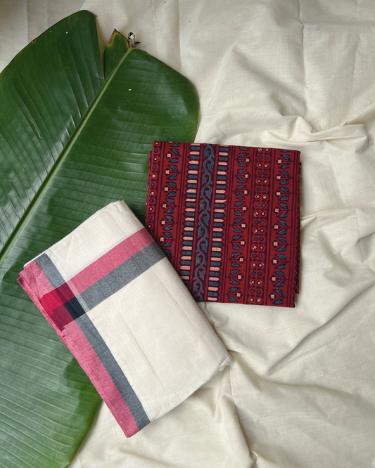 Mulloth setmundu with Ajrakh printed blouse piece