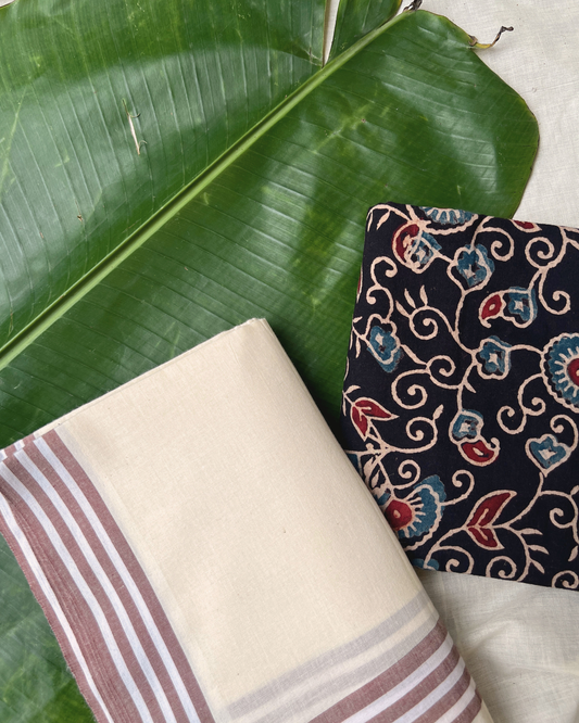 MULLOTH SETMUNDU WITH AJRAKH PRINTED BLOUSE