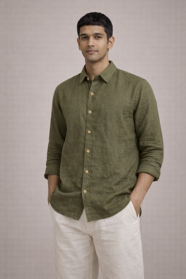 Olive Green-Pure linen Shirt