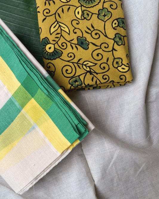 MULLOTH SETMUNDU WITH AJRAKH PRINTED BLOUSE PIECE