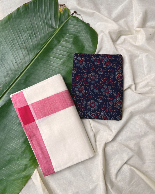 MULLOTH SETMUNDU WITH AJRAKH PRINTED BLOUSE PIECE