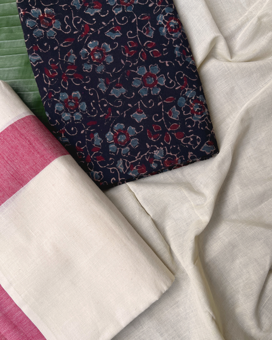 MULLOTH SETMUNDU WITH AJRAKH PRINTED BLOUSE PIECE
