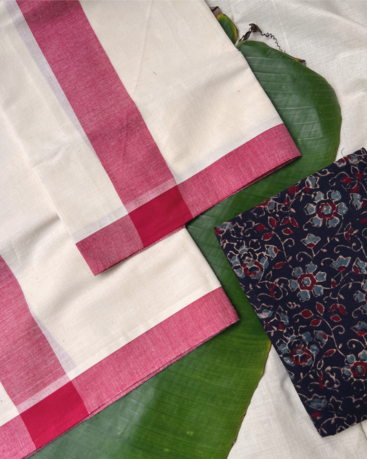 MULLOTH SETMUNDU WITH AJRAKH PRINTED BLOUSE PIECE