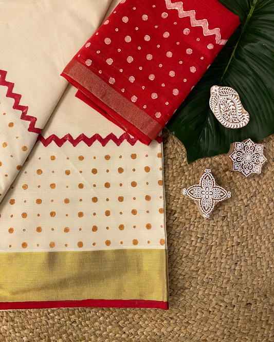 POLKA PATTU-Handblock printed set saree